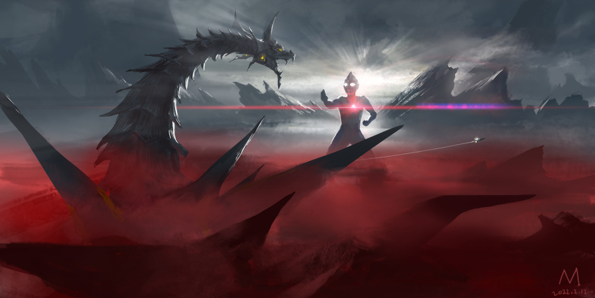 1boy 1other aircraft airplane alien blue_skin clenched_hand cloud color_timer colored_skin commentary compound_eyes contrail dated diffraction_spikes dorsal_fin dragon fighting_stance fog glowing glowing_eyes grey_skin guts_wing highres male_focus manhuajiazhishen monster mountain multicolored_skin overcast red_skin signature sky sunlight tokusatsu ultra_series ultraman_tiga ultraman_tiga_(multi_type) ultraman_tiga_(series) vs white_eyes