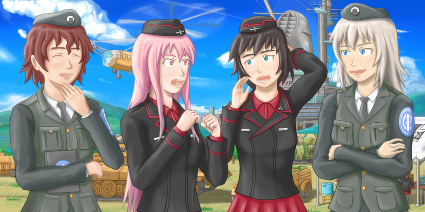 4girls aged_up akaboshi_koume black_jacket black_necktie brown_hair commentary_request emblem garrison_cap girls_und_panzer girls_und_panzer_little_army hat hida_ema highres itsumi_erika jacket japanese_tankery_league_(emblem) multiple_girls necktie pink_hair red_skirt selection_university_(emblem) selection_university_military_uniform sheska_(girls_und_panzer) shirt short_hair skirt taorumaki vehicle_request weapon_request white_hair white_shirt
