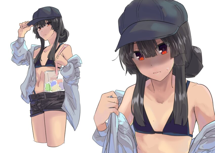 1girl absurdres adjusting_clothes adjusting_headwear alternate_hairstyle bag bikini bikini_top_only black_hair black_hat blue_bikini blunt_bangs blush breasts brown_shorts closed_mouth collarbone commentary_request cowboy_shot cropped_legs flat_chest frown grey_jacket hair_bun hat highres jacket juujou_hiyori long_hair long_sleeves looking_at_viewer mashitono_desu multiple_views navel red_eyes short_shorts shorts shoulder_bag sidelocks simple_background single_hair_bun standing stomach sweat swimsuit toji_no_miko transparent_bag undressing white_background
