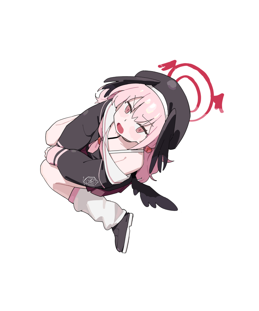 1girl absurdres adon_(dufaladanidu) black_hat black_shirt black_shoes black_wings blue_archive from_above full_body halo hat head_wings highres koharu_(blue_archive) long_hair long_sleeves looking_at_viewer looking_up neckerchief open_mouth pink_eyes pink_hair pink_neckerchief red_halo red_skirt shirt shoes simple_background sitting skirt socks solo wariza white_background white_socks wings