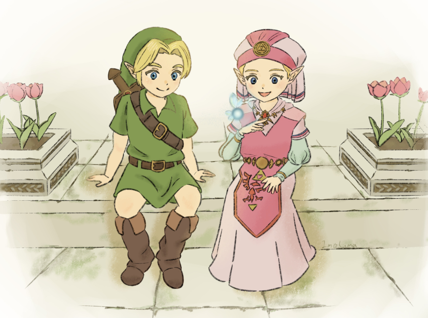 1boy 1girl aqua_sleeves arm_support belt blonde_hair blue_eyes boots brooch brown_belt brown_boots child closed_mouth commentary_request dress fairy flower fold-over_boots green_hat green_tunic hand_up hat highres imokuma jewelry juliet_sleeves kokiri_sword link long_dress long_sleeves looking_at_another navi nintendo open_mouth pink_dress pink_flower pink_hat pointy_ears princess_zelda puffy_sleeves red_brooch shoulder_belt sitting smile sword sword_on_back the_legend_of_zelda the_legend_of_zelda:_ocarina_of_time triforce tunic two-tone_dress weapon weapon_on_back young_link young_zelda