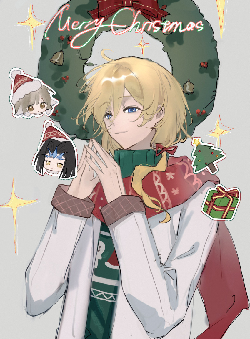 1girl 2boys ashura-ou bell black_hair blonde_hair blue_eyes brown_eyes brown_hair chii chinese_commentary chobits christmas_sweater christmas_wreath closed_mouth commentary_request crossover curtained_hair english_text fai_d._flowright fur-trimmed_headwear fur_trim green_sweater hair_ribbon hat highres jacket long_hair long_sleeves merry_christmas multiple_boys open_clothes open_jacket red_hat red_ribbon red_scarf ribbon scarf shuimian_feixing smile sparkle steepled_fingers sweater tsubasa_chronicle upper_body variant_set white_jacket wreath yellow_eyes