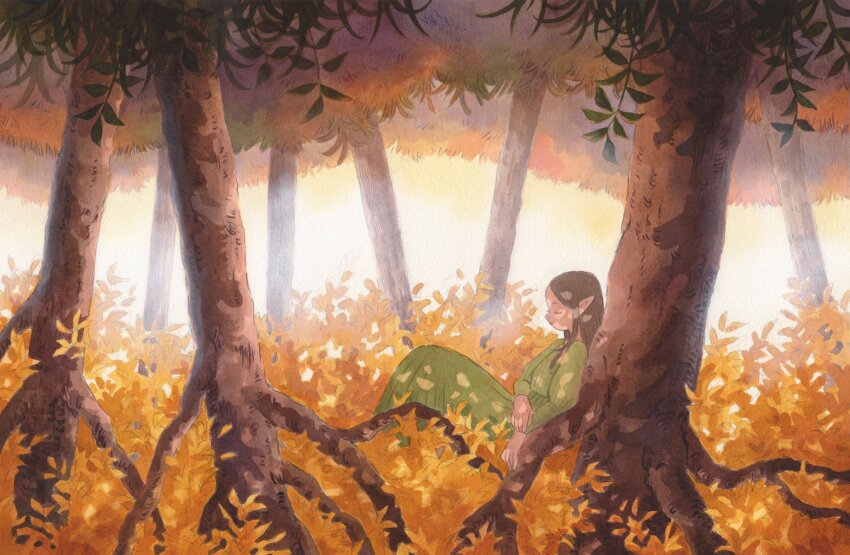 1girl against_tree autumn autumn_leaves brown_hair closed_eyes dappled_sunlight day dress elf forest green_dress heikala highres leaf long_dress long_hair long_sleeves nature on_ground original outdoors painting_(medium) pointy_ears shade sitting sleeping sleeping_upright sunlight traditional_media tree tree_shade under_tree watercolor_(medium)