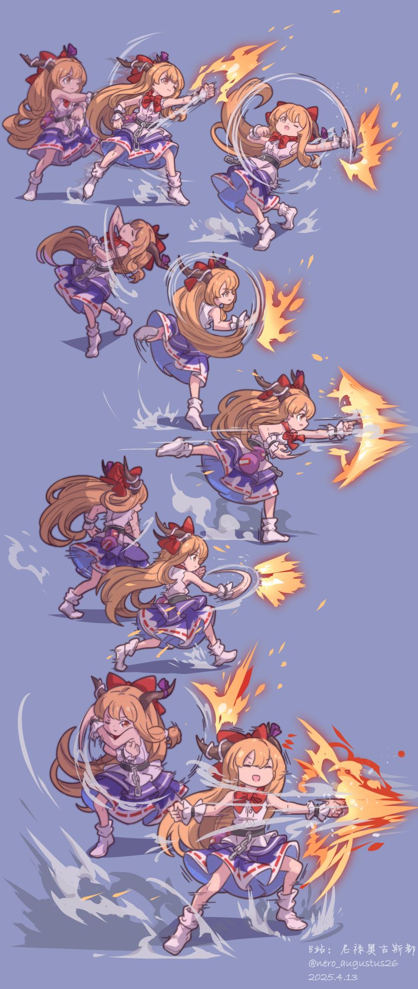 1girl absurdres boots bow brown_hair chain_belt chinese_commentary commentary_request dated drunken_fist gourd highres horn_bow horn_ornament horns ibuki_suika jamie_siu kung_fu long_hair motion_lines nero_augustus one_eye_closed orange_eyes red_bow shirt simple_background sleeveless sleeveless_shirt street_fighter street_fighter_6 touhou twitter_username white_boots white_shirt