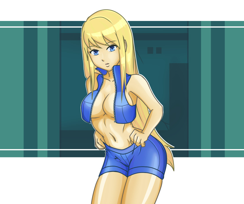 1girl adjusting_clothes adjusting_shorts bare_arms bare_legs bare_shoulders blonde_hair blue_eyes blue_shirt blue_shorts breasts clenched_hands collarbone crop_top dressing eyelashes female_focus hair_down hayato_stuff highres large_breasts legs legs_together long_hair looking_at_viewer metroid metroid_fusion midriff navel neck nintendo no_bra official_alternate_costume official_alternate_hairstyle open_clothes open_shirt samus_aran shirt short_shorts shorts sideboob sidelocks standing stomach swept_bangs thighs turtleneck_crop_top