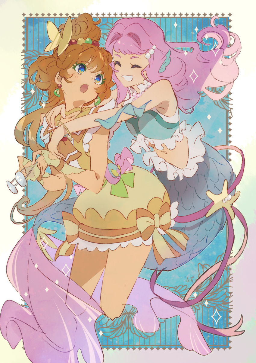 2girls ^_^ absurdres bare_arms bow brown_hair choker closed_eyes collarbone crop_top cropped_legs cure_papaya fingerless_gloves floating_hair glasses gloves grin hair_bow head_tilt highres ichinose_minori laura_la_mer long_hair mermaid midriff miniskirt monster_girl multiple_girls navel pink_hair precure shipu_(gassyumaron) sketch skirt smile stomach tropical-rouge!_precure unworn_eyewear yellow_bow yellow_skirt