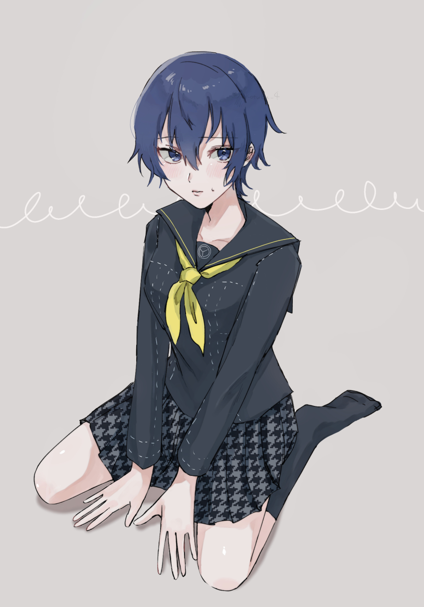 1girl black_sailor_collar black_shirt black_skirt black_socks blue_eyes blue_hair blush closed_mouth commentary_request grey_background hair_between_eyes highres konpekisan lips long_sleeves neckerchief no_shoes official_alternate_costume persona persona_4 pink_lips pleated_skirt sailor_collar school_uniform shirogane_naoto shirt short_hair simple_background sitting skirt socks solo sweatdrop wariza yasogami_school_uniform yellow_neckerchief