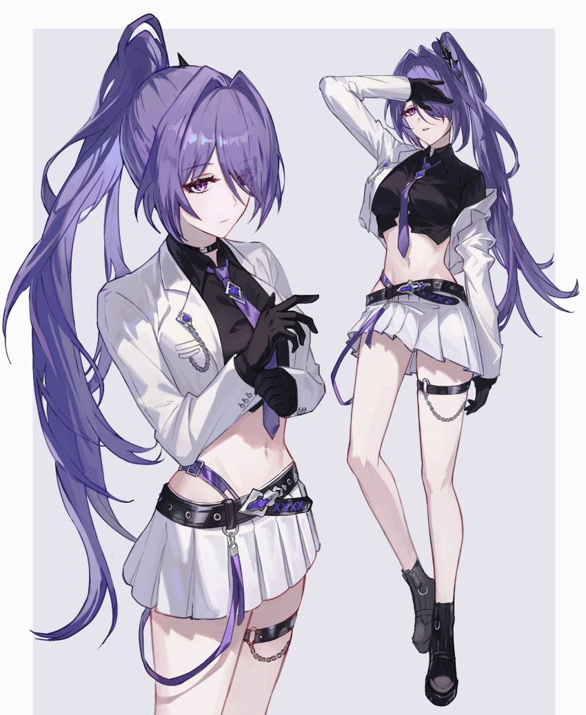 1girl absurdres acheron_(honkai:_star_rail) alternate_costume chain choker duplicate gloves haeb59900889 hair_ornament hair_over_one_eye hashtag-only_commentary highres honkai:_star_rail honkai_(series) jacket long_hair midriff navel necktie off_shoulder pixel-perfect_duplicate ponytail purple_eyes purple_hair shirt shoes skirt thigh_strap very_long_hair