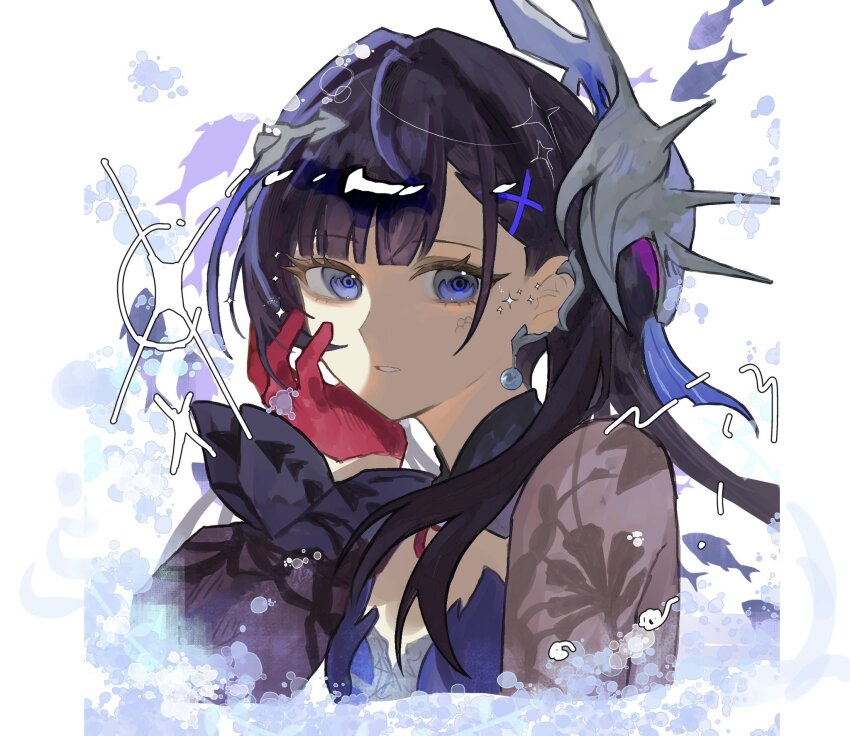 1girl blue_eyes blunt_bangs center_opening dress earpiece earrings frilled_sleeves frills gloves hair_intakes hair_ornament hand_on_own_cheek hand_on_own_face head_tilt headpiece highres honkai:_star_rail honkai_(series) hysilens_(honkai:_star_rail) jewelry long_hair long_sleeves looking_at_viewer looking_to_the_side multicolored_dress parted_lips pearl_earrings purple_hair see-through_clothes see-through_sleeves shade solo teeth upper_body wide_sleeves x431788
