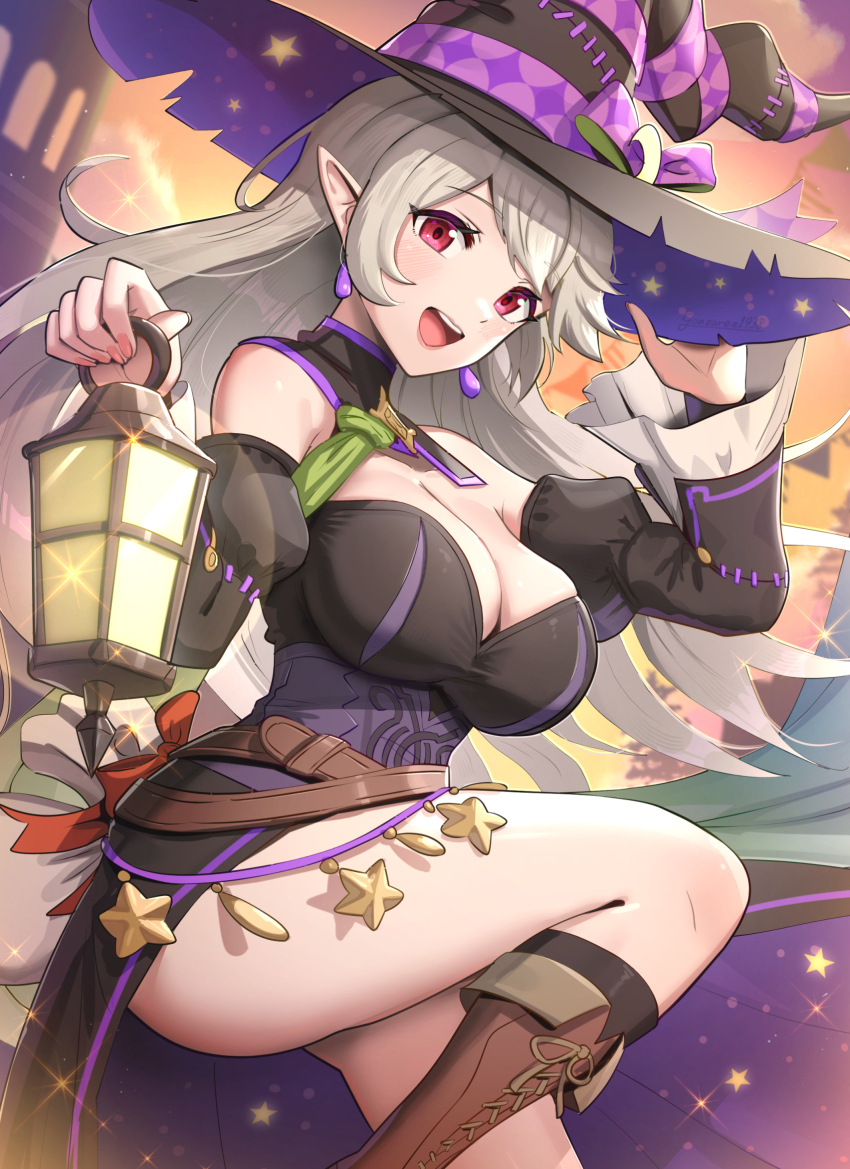 1girl belt boots breasts brown_boots building cleavage collar corrin_(female)_(fire_emblem) corrin_(female)_(halloween)_(fire_emblem) detached_collar detached_sleeves dress earrings fire_emblem fire_emblem_fates fire_emblem_heroes gonzarez grey_hair halloween halloween_costume hand_on_headwear hat highres holding holding_lantern jewelry knee_up lantern large_breasts long_hair looking_at_viewer nail_polish nintendo official_alternate_costume open_mouth pointy_ears purple_dress red_eyes ribbon solo star_(symbol) thighs twilight witch_hat