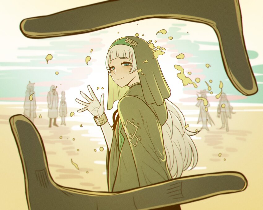 1boy 1other 5girls album_cover_redraw amiya_(arknights) arknights arm_at_side beach blue_eyes bracelet closed_mouth derivative_work doctor_(arknights) finger_frame gold_bracelet green_robe highres hood jewelry kal&#039;tsit_(arknights) limbus_company ling_(arknights) looking_at_viewer looking_back mayors_(project_moon) mili_(band) misg1111 multiple_girls outdoors pointy_ears project_moon robe shore skadi_(arknights) tian_tian_(mili) waving_hands white_hair
