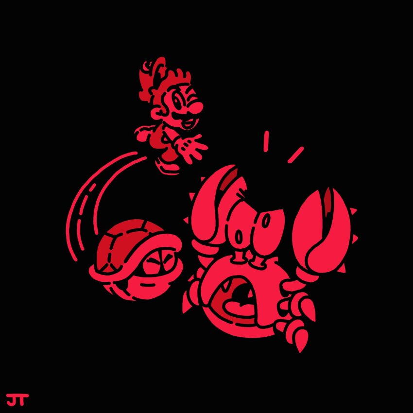 1boy animal black_background chibi commentary crab english_commentary facial_hair fangs gloves hat highres james_turner koopa_troopa looking_at_another male_focus mario mario_(series) mario_clash motion_lines mustache nintendo notice_lines one_eye_closed open_mouth overalls red_theme shirt short_hair sidestepper signature simple_background speed_lines throwing tongue turtle_shell