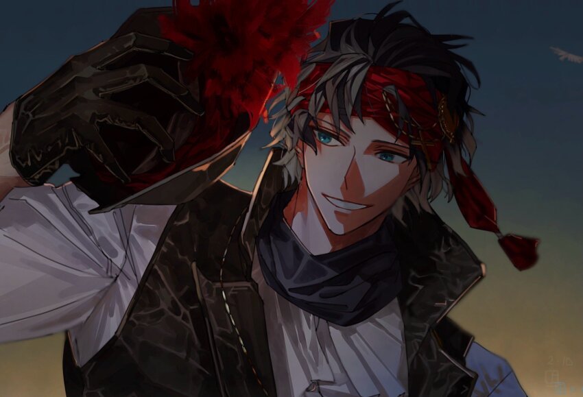 1boy bandana bartholomew_roberts_(fate) bird black_gloves black_hair black_vest blue_eyes collared_vest dark-skinned_male dark_skin ddddd98765 fate/grand_order fate_(series) fur_trim gloves gold_trim gradient_sky hat high_collar highres historical_event holding holding_unworn_clothes holding_unworn_hat looking_to_the_side messy_hair red_bandana shirt short_hair sky smile solo sunlight unworn_hat unworn_headwear vest white_shirt