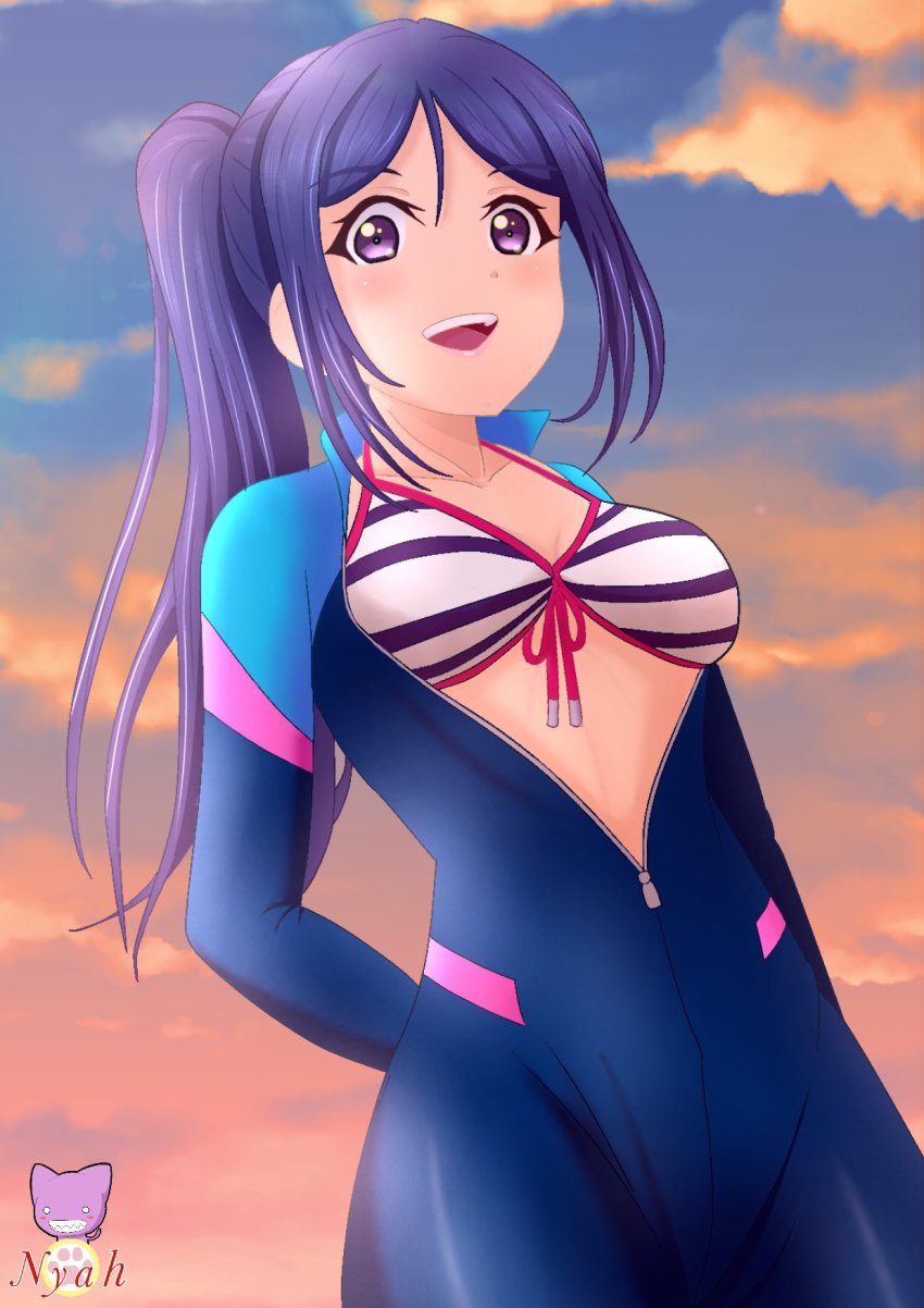 1girl arms_behind_back artist_name artist_request bikini bikini_top_only bikini_under_clothes blue_bikini blue_bodysuit blue_hair blue_sky blush bodysuit breasts center_opening cleavage cloud collarbone day diving diving_suit female_focus freediving front-tie_bikini_top front-tie_top hair_between_eyes halterneck high_ponytail highres long_hair looking_at_viewer love_live! love_live!_school_idol_festival love_live!_sunshine!! matsuura_kanan medium_breasts open_bodysuit open_clothes outdoors parted_lips ponytail purple_eyes sky smile solo string_bikini striped_bikini striped_bikini_top striped_clothes sunset swimsuit teeth unzipped wetsuit white_bikini zipper zipper_pull_tab