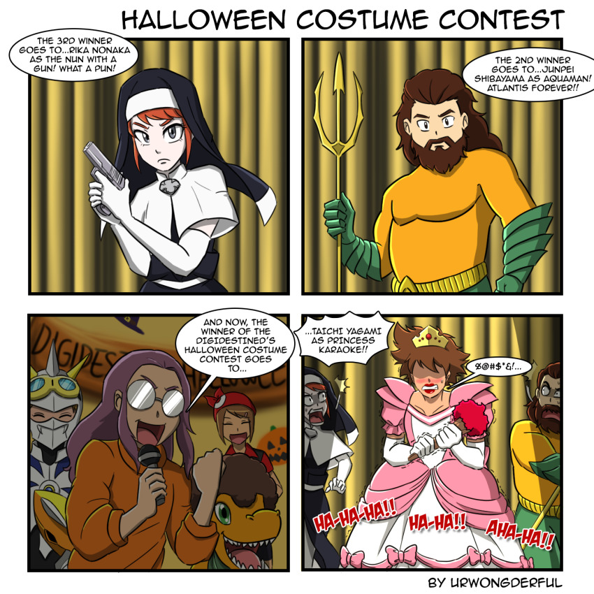 agumon angry aquaman_(dc) aquaman_(dc)_(cosplay) cosplay crown dc_comics digimon dress embarrassed glasses gun halloween highres inoue_miyako ishida_yamato makino_ruki may_(pokemon) may_(pokemon)_(cosplay) microphone nintendo nun omegamon omegamon_(cosplay) pokemon pokemon_rse pumpkin sharp_teeth shibayama_junpei tachikawa_mimi tachikawa_mimi_(cosplay) teeth weapon wig yagami_hikari yagami_taichi
