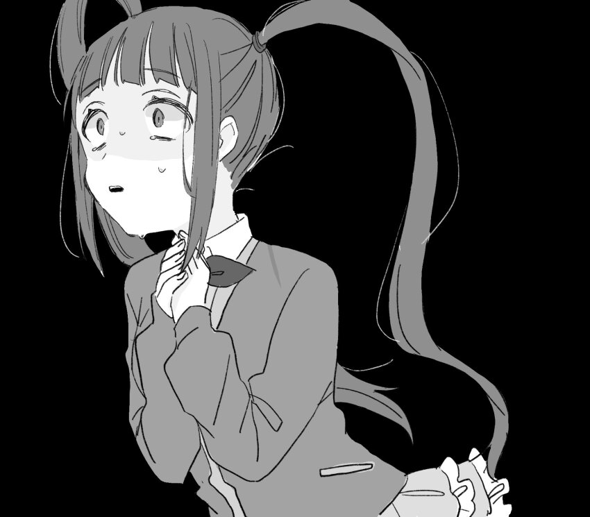 1girl black_background blunt_bangs bow bowtie breasts cardigan collared_shirt constricted_pupils despair frilled_skirt frills greyscale hair_tie highres htnmanpp idolmaster idolmaster_million_live! idolmaster_million_live!_theater_days layered_skirt long_hair long_sleeves looking_up matsuda_arisa monochrome own_hands_together parted_lips shaded_face shirt sidelocks simple_background skirt small_breasts solo surprised sweat tearing_up turn_pale twintails upper_body very_long_hair wavy_hair