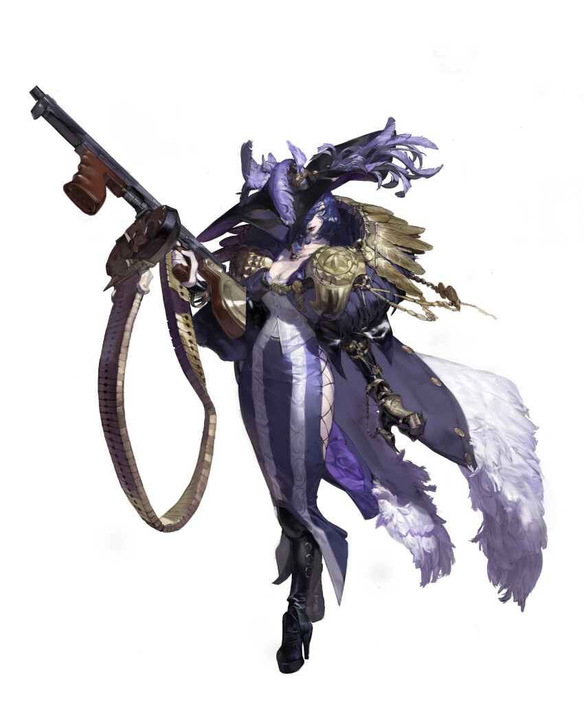 1girl absurdres ammunition_belt animal_skull antique_firearm blue_eyes blue_hair boots breasts cleavage coat dpyrns dress drum_magazine firearm firelock full_body gauntlets gloves gun hat hat_feather hat_over_one_eye high-capacity_magazine high_heel_boots high_heels highres holding holding_gun holding_weapon huge_weapon jewelry large_breasts lipstick looking_at_viewer magazine_(weapon) makeup necklace one_eye_covered original purple_dress purple_hair purple_lips rifle side_slit solo standing submachine_gun thompson_submachine_gun transparent_background tricorne weapon