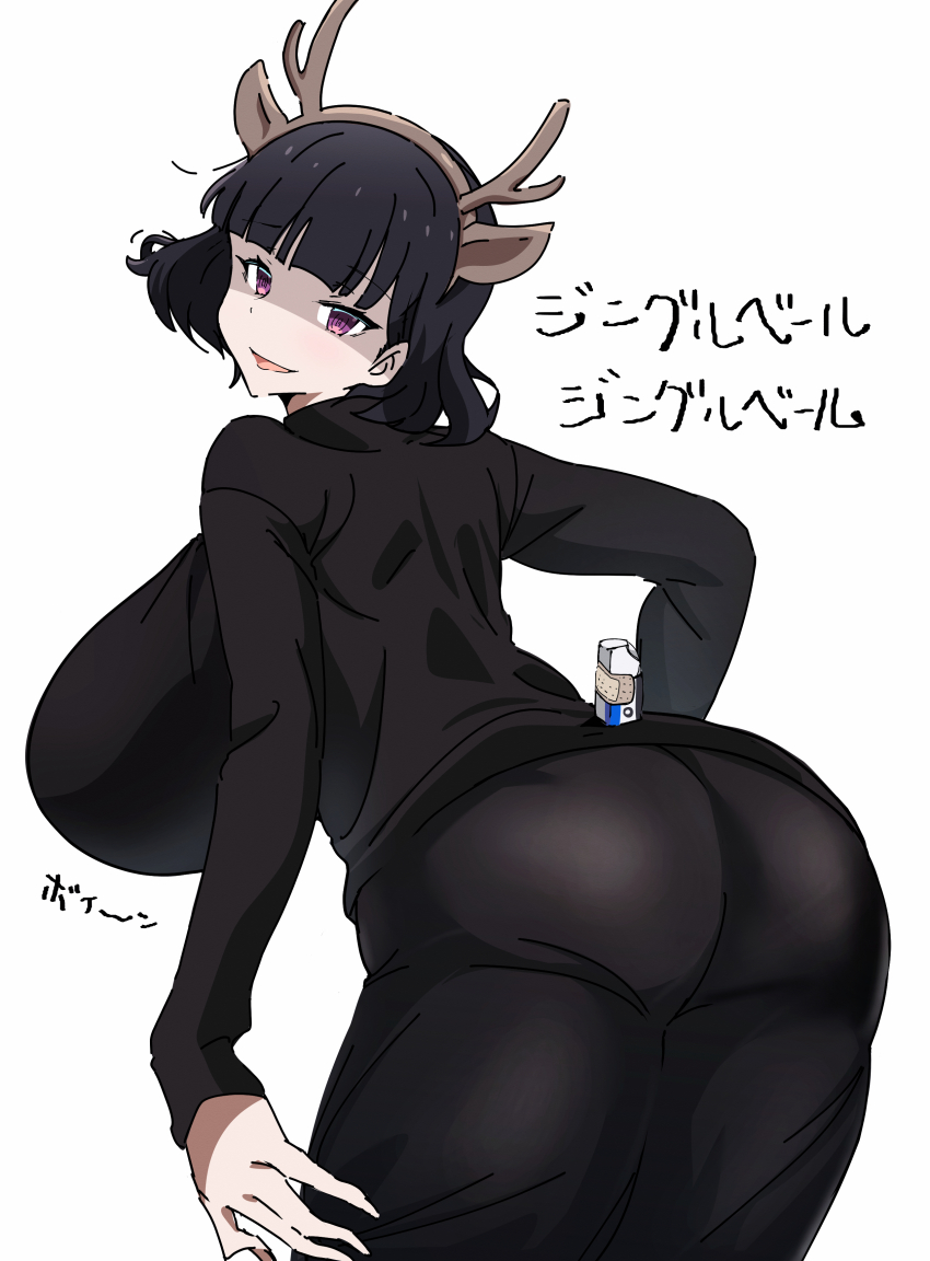 1girl absurdres ass ass_focus bandaid bandaid_on_object bending black_hair black_shirt black_skirt black_sweater blunt_bangs breasts eraser fake_antlers goumonsha highres huge_breasts kurokirishima_yui_(goumonsha) long_skirt long_sleeves looking_at_viewer original purple_eyes shirt short_hair skirt solo sweater