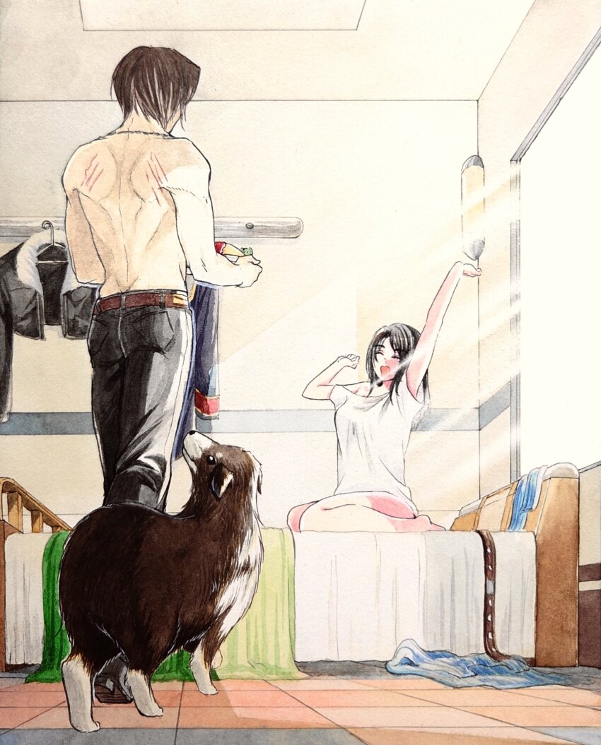 1boy 1girl absurdres angelo_(ff8) arm_up back bed black_hair brown_hair clothes_hanger dog final_fantasy final_fantasy_viii highres holding holding_plate implied_after_sex numao_yorozu open_mouth plate rinoa_heartilly scratches squall_leonhart stretching sunlight topless_male window yawning