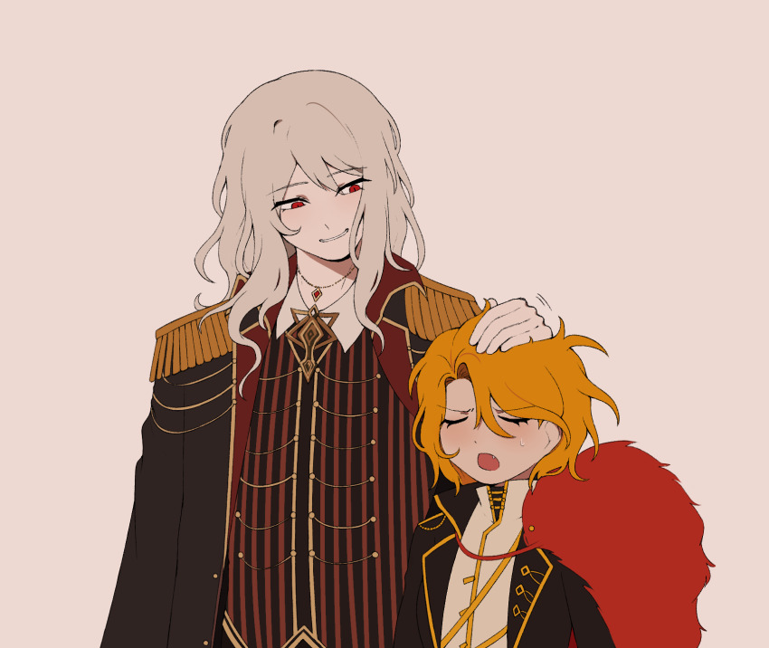 1boy 1girl aiguillette black_coat blonde_hair brown_vest buttons changshik coat don_quixote_(project_moon) epaulettes gold_trim highres la_manchaland&#039;s_don_quixote_(project_moon) limbus_company long_hair long_sleeves parted_bangs petting project_moon red_eyes sancho_(project_moon) short_hair sidelocks simple_background smile sweat vest white_background white_hair