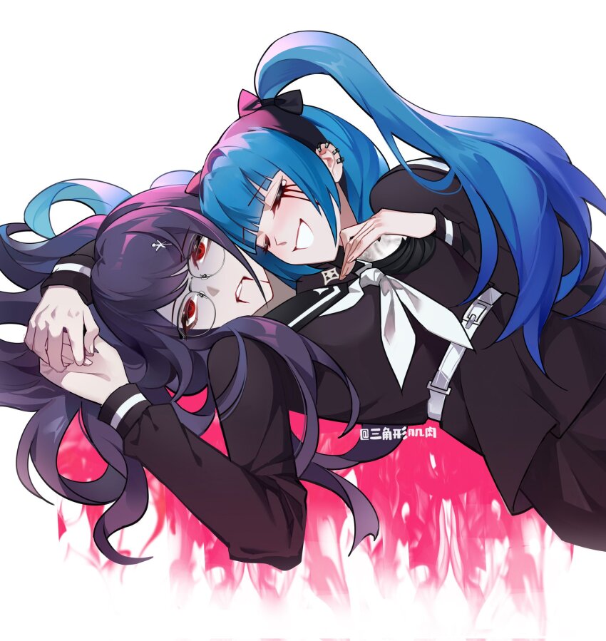 2girls amemiya_darumi black_hair blood blood_from_mouth bloody_tears blue_hair closed_eyes dying ear_piercing glasses head_on_another&#039;s_shoulder highres last_defense_academy_school_uniform long_hair long_sleeves multicolored_hair multiple_girls piercing pool_of_blood purple_hair red_eyes shizuhara_hiruko the_hundred_line_-last_defense_academy- twintails white_background yuri