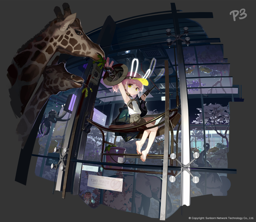 1girl absurdres animal_ears bare_arms bare_legs bare_shoulders barefoot blue_jacket charm_(object) chinese_commentary closed_mouth commentary_request fake_animal_ears feeding full_body giraffe girls&#039;_frontline girls&#039;_frontline_neural_cloud green_shorts highres holding holding_walkie-talkie jacket pink_hair rabbit_ears shirt short_hair short_shorts shorts sitting sleeveless sleeveless_shirt soles solo taisch_(neural_cloud) tianliang_duohe_fangdongye toes twintails visor_cap walkie-talkie white_shirt yellow_eyes
