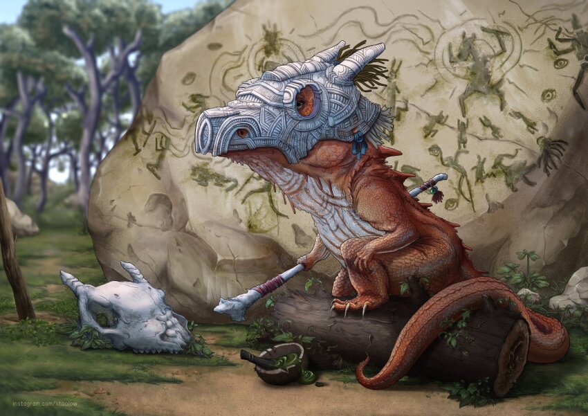 animal_focus artist_name black_eyes blue_ribbon blurry blurry_background bone bowl cave_paintings claws closed_mouth cubone day gen_1_pokemon grass highres holding holding_bone holding_weapon instagram_username lihaolow liquid log mortar_(bowl) nintendo no_humans outdoors pokemon pokemon_(creature) realistic ribbon rock skull skull_on_head solo standing tree watermark weapon