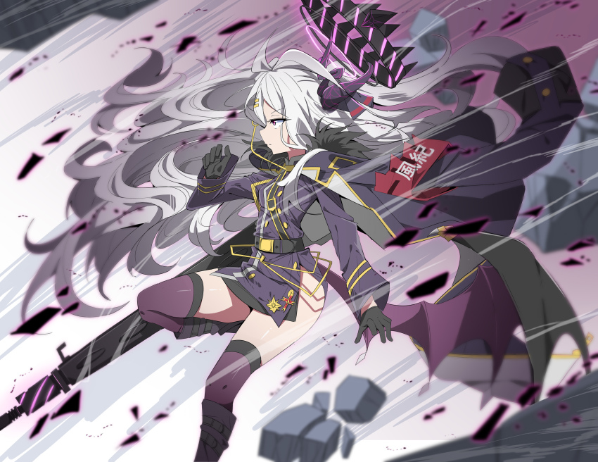 1girl absurdres ahoge armband ass belt belt_buckle black_belt black_boots black_coat black_gloves black_skirt black_thighhighs blue_archive blurry boots buckle coat coat_on_shoulders commentary_request demon_girl demon_horns demon_wings depth_of_field fur-trimmed_coat fur_trim gloves gun halo highres hina_(blue_archive) horns knee_boots long_hair long_sleeves looking_afar machine_gun mg42 military_uniform open_clothes open_coat parted_bangs pencil_skirt profile purple_eyes rad_(gggjjj) red_armband sam_browne_belt shockwave side_slit sidelocks skirt solo thighhighs wavy_hair weapon white_hair wind wings zettai_ryouiki