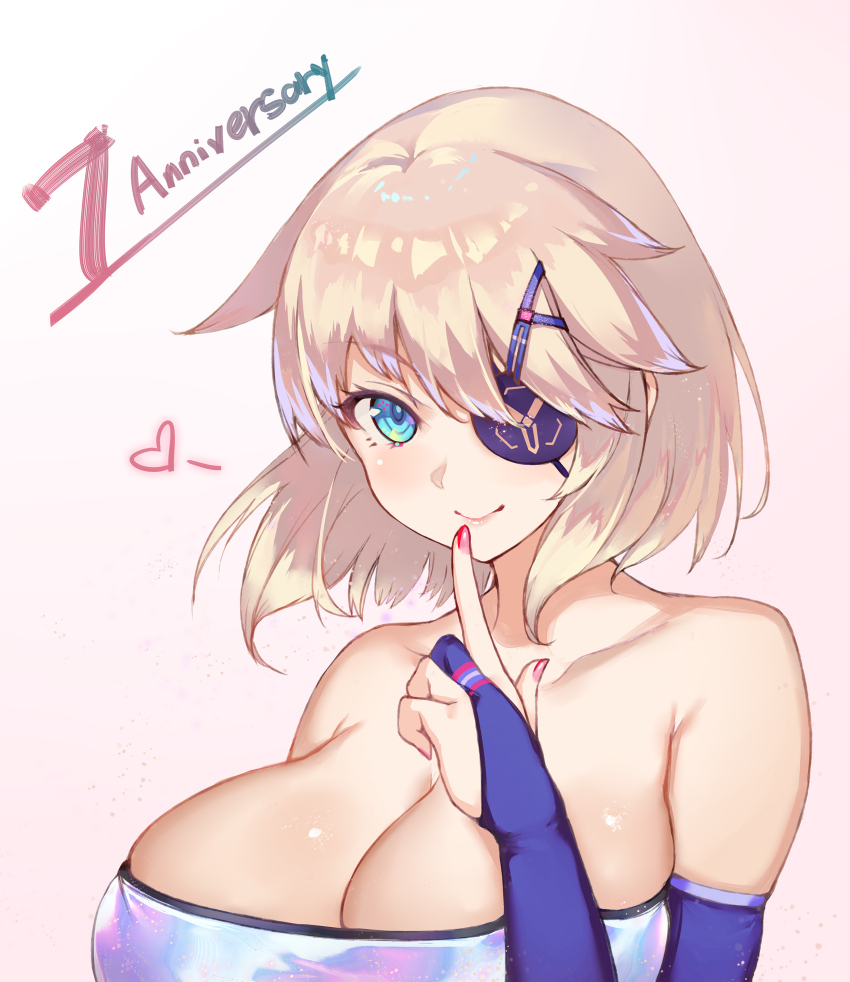 1girl bare_shoulders blindfold blonde_hair blue_eyes breasts bridal_gauntlets character_name cleavage closed_mouth collarbone dress elbow_gloves eyepatch finger_to_mouth fingernails g.h_(gogetsu) gloves hair_ornament heart highres huge_breasts index_finger_raised large_breasts looking_at_viewer nail_polish pink_background pink_nails short_hair smile solo strapless strapless_dress upper_body warship_girls_r yorktown_(warship_girls_r)