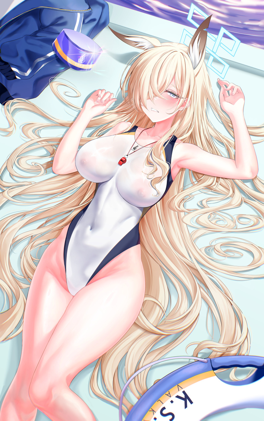 1girl absurdres animal_ear_fluff animal_ears armpits bare_arms bare_legs bare_shoulders blonde_hair blue_archive blue_eyes blue_halo blush breasts covered_erect_nipples covered_navel dog_ears dog_girl hair_over_one_eye halo highleg highleg_one-piece_swimsuit highres impossible_clothes impossible_swimsuit kanna_(blue_archive) kanna_(swimsuit)_(blue_archive) large_breasts long_hair looking_at_viewer lying official_alternate_costume on_back one-piece_swimsuit sharp_teeth sidelocks solo swimsuit teeth teru_minasu