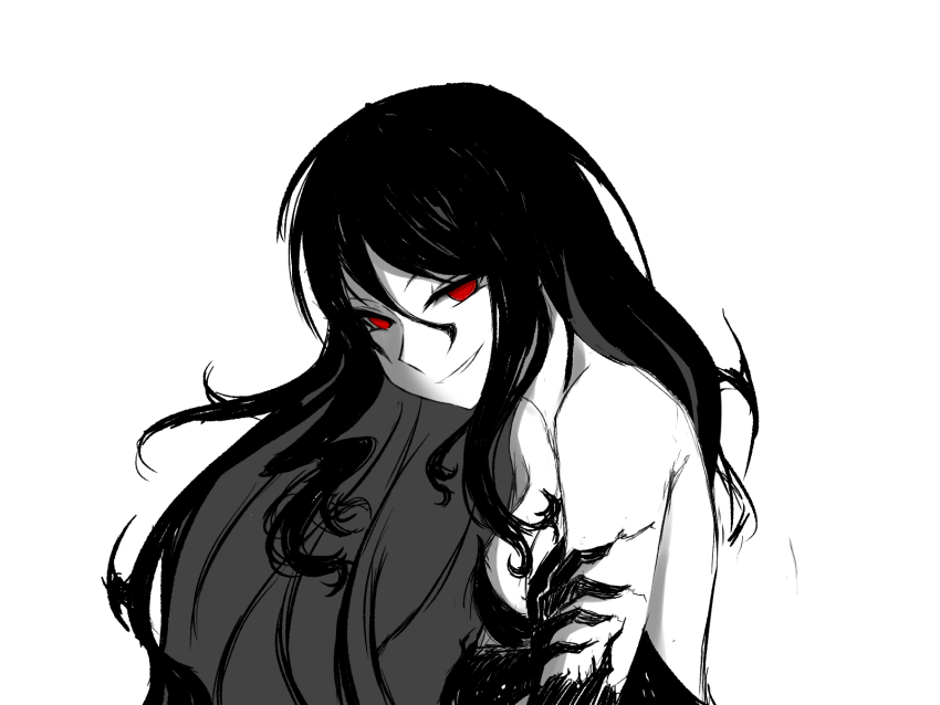 bare_shoulders black_hair counter:side highres long_hair ministra nevan1001 pale_skin red_eyes smirk white_background