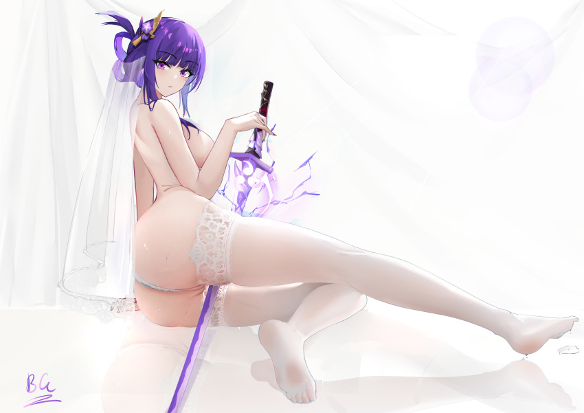 1girl ass baige0 breasts crotch_seam feet from_behind genshin_impact hair_ornament headdress highres lace lace_panties lace_trim large_breasts looking_at_viewer looking_back lying nail_polish on_side panties purple_eyes purple_hair pussy raiden_shogun soles solo sword sword_between_thighs thick_thighs thighhighs thighs turning_head underwear weapon white_panties white_thighhighs