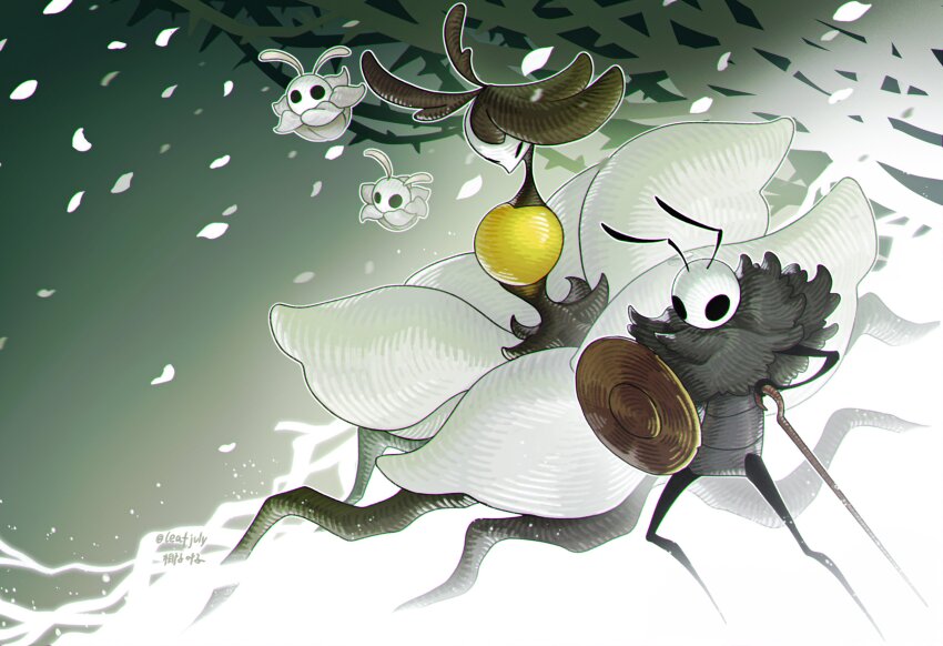 1boy 1girl absurdres antennae arthropod_boy arthropod_girl artist_name black_eyes closed_eyes commentary english_commentary falling_petals flying highres holding holding_shield hollow_knight hollow_knight:_silksong leafjuly monster_girl nyleth_(hollow_knight) petals phacia_(hollow_knight) pin_(hollow_knight) seth_(hollow_knight) shield standing twitter_username white_petals