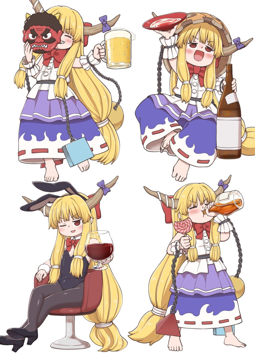 absurdres alcohol animal_ears barefoot beer black_leotard blonde_hair blush bottle bow bowtie candy chain cube cup fake_animal_ears food high_heels highres horn_ornament horn_ribbon horns ibuki_suika leotard lollipop long_hair low-tied_long_hair low-tied_sidelocks mask multiple_persona oni_mask orb pantyhose playboy_bunny poronegi purple_skirt pyramid_(geometry) red_bow red_bowtie ribbon rum sakazuki sake sash sharp_teeth shirt sidelocks simple_background skirt sleeveless smile strapless strapless_leotard teeth touhou whiskey white_background white_shirt