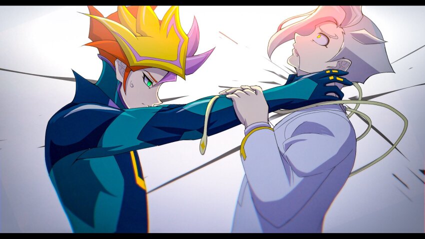 2boys alternate_form atltax_00 black_bodysuit black_border blonde_hair bodysuit border coat colored_bangs dappled_sunlight drooling empty_eyes expressionless facing_another facing_to_the_side fujiki_yusaku green_bodysuit green_eyes hand_on_another&#039;s_arm hands_on_another&#039;s_arm hands_on_another&#039;s_arms hands_on_another&#039;s_neck highres light_particles lightning_(yu-gi-oh!_vrains) liquid looking_down looking_up male_focus mind_control multiple_boys open_mouth outstretched_arms paint_splatter parted_bangs playmaker_(yu-gi-oh!) popped_collar possessed red_hair saliva saliva_trail shirt spectre_(yu-gi-oh!) spiked_hair splatter strangling sunlight sweatdrop tentacles tentacles_on_male two-tone_bodysuit white_background white_coat white_shirt yellow_eyes yellow_trim yu-gi-oh! yu-gi-oh!_vrains