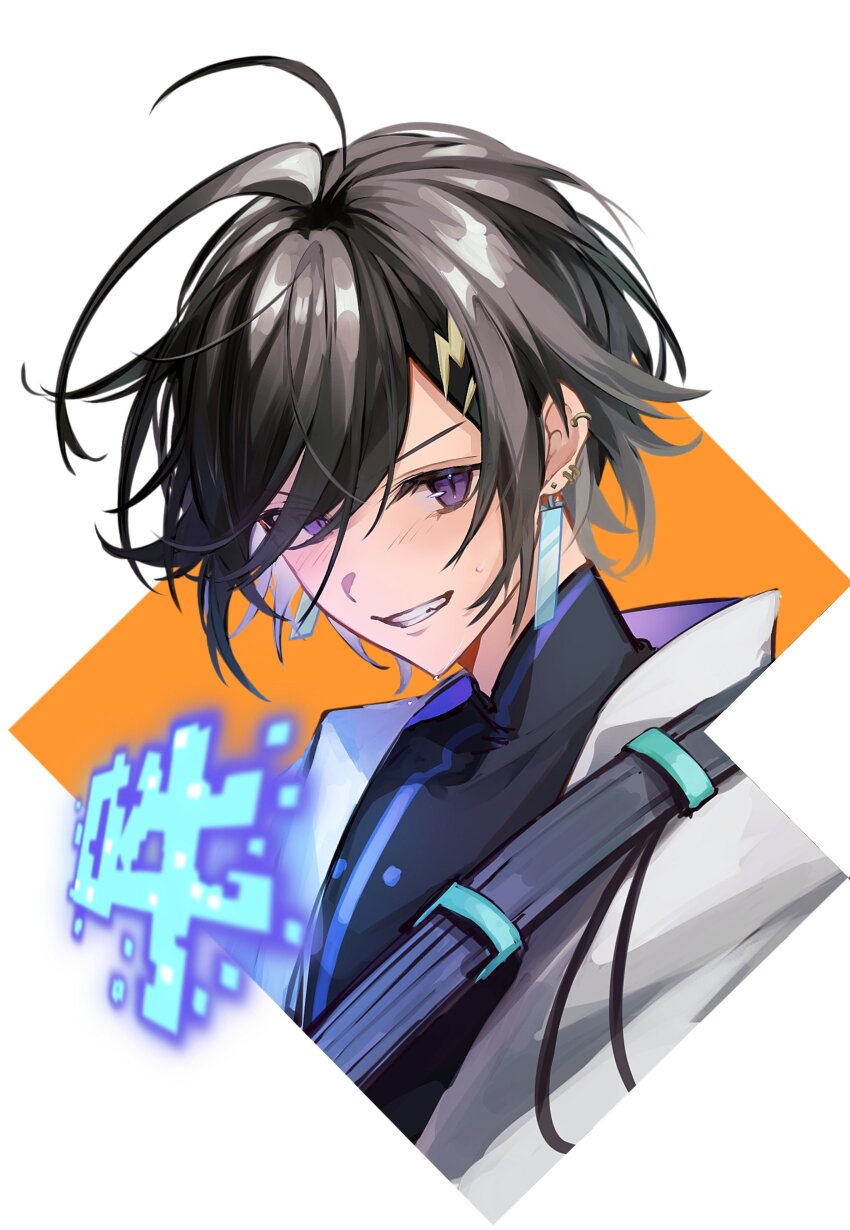 1boy absurdres ahoge black_hair black_shirt ear_piercing earrings hair_ornament hashtag-only_commentary highres holostars jacket jewelry kanade_izuru kanade_izuru_(7th_costume) lightning_bolt lightning_bolt_hair_ornament lightning_bolt_symbol male_focus mg_ytm outside_border piercing purple_eyes shirt short_hair smile solo sweat tassel tassel_earrings teeth virtual_youtuber white_jacket