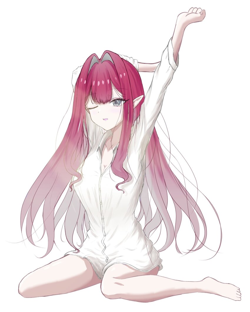 1girl arm_up baobhan_sith_(fate) barefoot borrowed_clothes bottomless breasts cleavage fate/grand_order fate_(series) full_body grey_eyes highres long_hair looking_at_viewer one_eye_closed open_mouth pink_hair pointy_ears shirt sidelocks sitting solo wariza white_background white_shirt yasu_da_winci