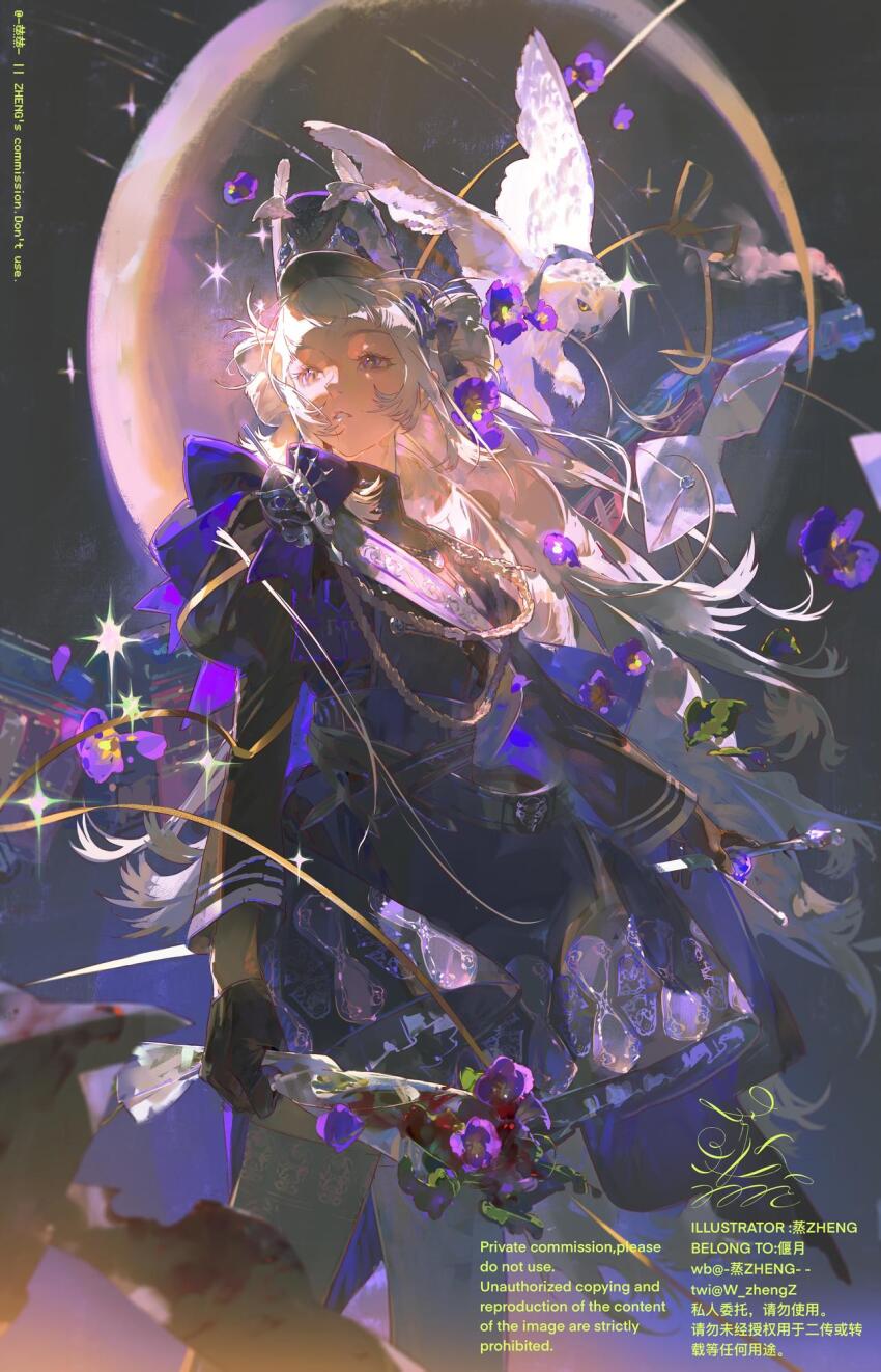 belt bird black_belt black_gloves black_jacket black_skirt blood bouquet bow collared_jacket commission crossed_belts eyelashes feet_out_of_frame flower frown full_moon gloves gold_ribbon grey_eyes grey_hair grey_thighhighs hair_flower hair_ornament hand_on_hilt high_collar highres holding holding_bouquet jacket leaf long_hair long_sleeves looking_ahead miniskirt moon night nostrils open_mouth original outdoors owl pansy pointy_nose purple_bow purple_flower sample_watermark sash skirt sleeves_past_wrists solo sparkle standing sword teeth thighhighs two_side_up w_zhengz watermark weapon white_sash zettai_ryouiki