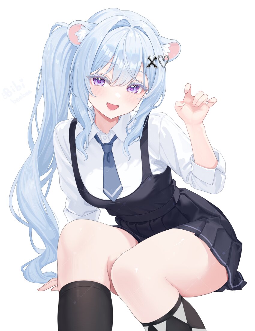 1girl absurdres animal_ears bibixart black_skirt black_socks breasts collared_shirt colored_eyelashes commentary english_commentary hair_ornament heart heart_hair_ornament highres indie_virtual_youtuber kneehighs long_hair long_sleeves looking_at_viewer miniskirt mitsuvu necktie open_mouth pleated_skirt purple_eyes shirt short_necktie side_ponytail simple_background sitting skirt skirt_set small_breasts smile socks solo thighs very_long_hair virtual_youtuber white_background white_eyelashes white_hair white_shirt x_hair_ornament