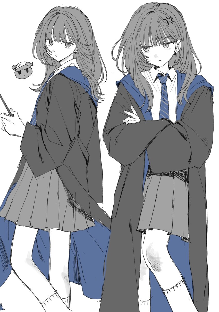 1girl absurdres anger_vein cloak earrings highres jewelry monochrome ravenclaw robe socks solo solo_focus spot_color wand wayon154 wizarding_world