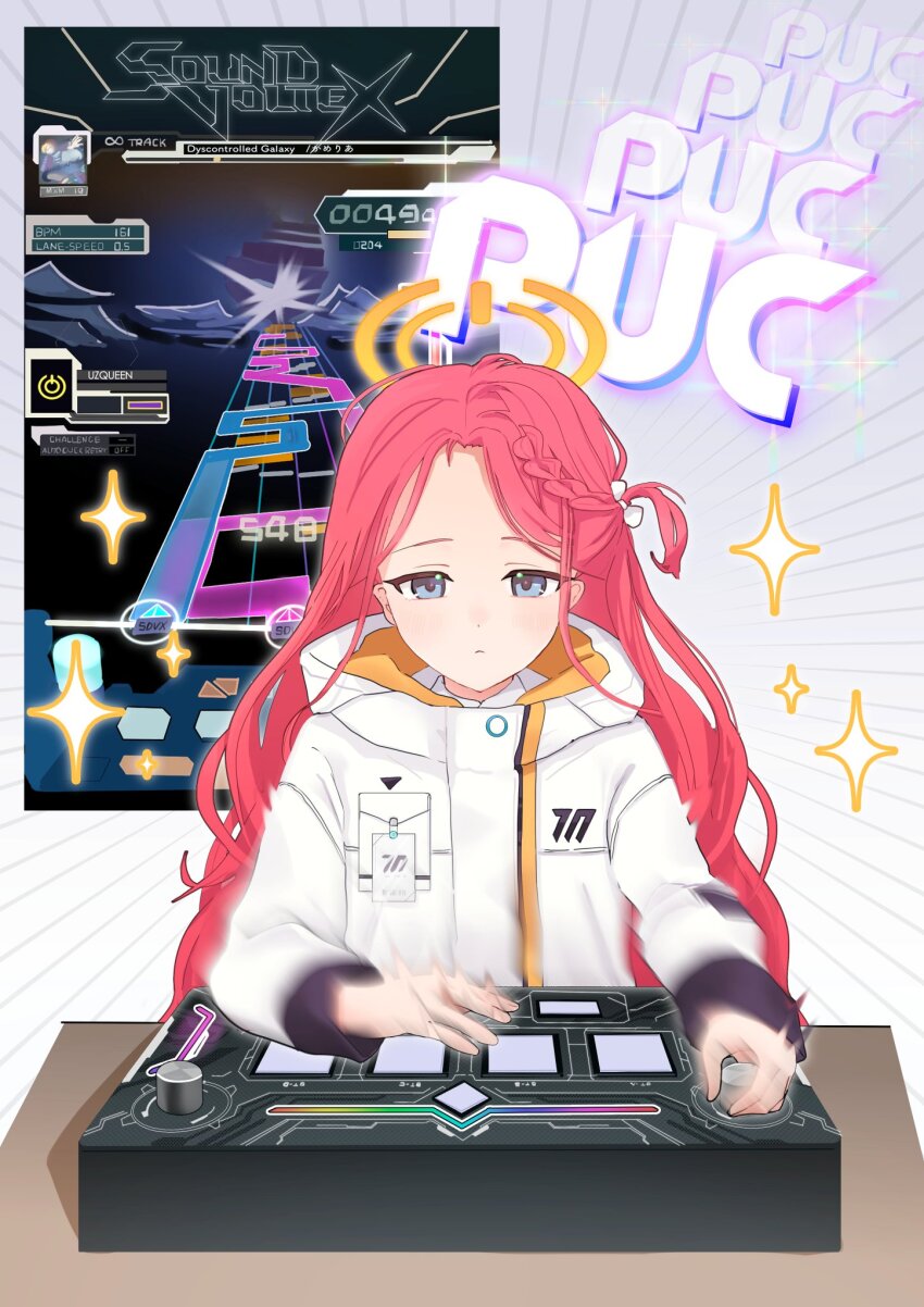 1girl :&lt; bemani blue_archive blue_eyes blush bow braid closed_mouth commentary_request english_text forehead hair_bow halo highres hood hood_down hooded_jacket jacket long_hair long_sleeves looking_at_viewer millennium_science_school_logo motion_blur one_side_up orange_halo parted_bangs playing_games red_hair side_braid simple_background solo sound_effects sound_voltex sparkle upper_body very_long_hair wakamomo1000 white_background white_bow white_jacket yuzu_(blue_archive)