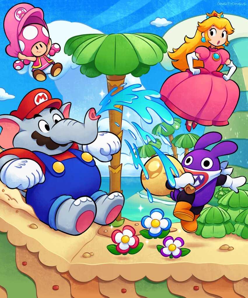 2boys 2girls blonde_hair blue_flower blue_overalls blue_sky boots brooch brown_footwear crown day dress earrings elbow_gloves elephant_mario facial_hair floating flower gloves hat highres jewelry long_hair mario mario_(series) multiple_boys multiple_girls mustache nabbit nintendo outdoors overalls pink_dress pink_headwear pink_vest princess_peach puffy_short_sleeves puffy_sleeves purple_flower red_flower short_sleeves sky sphere_earrings super_mario_bros._wonder toadette tree vest vinny_(dingitydingus) water white_flower white_gloves