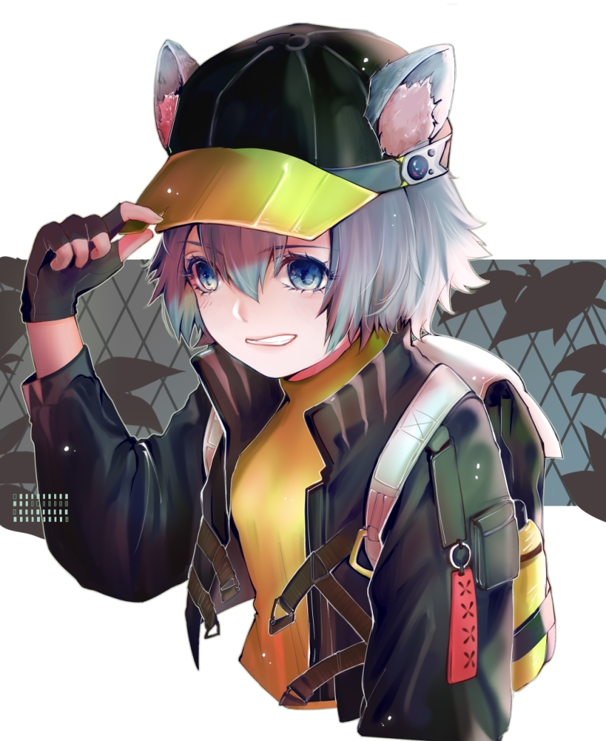 1girl animal_ears arknights backpack bag black_gloves black_jacket blue_eyes breasts cat_ears clenched_teeth click_(arknights) collar collared_jacket fingerless_gloves gloves grey_hair hand_on_headwear hat highres jacket long_hair looking_to_the_side medium_breasts open_mouth peaked_cap shirt short_hair solo stepcacc straight_hair teeth upper_body yellow_shirt
