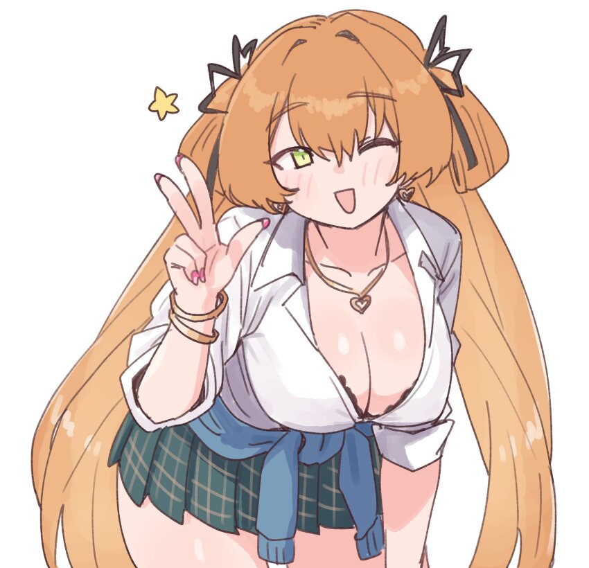 1girl absurdres alternate_costume black_bra bra bra_peek bracelet brown_hair clothes_around_waist girls&#039;_frontline girls&#039;_frontline_2:_exilium gyaru highres jewelry nikukabe one_eye_closed simple_background solo springfield_(girls&#039;_frontline) springfield_(girls&#039;_frontline_2) underwear v white_background