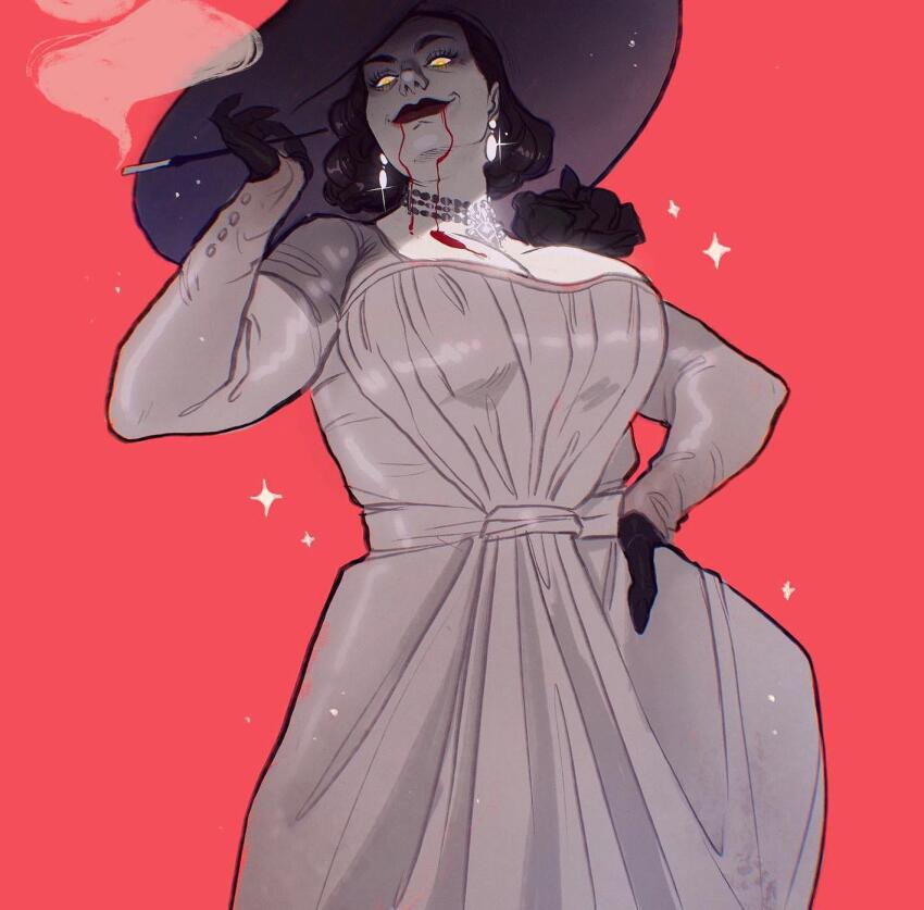 1girl alcina_dimitrescu black_flower black_hair black_hat black_lips black_rose blood blood_from_mouth blood_on_chest breasts cigarette_holder cleavage cowboy_shot dress blood_drip earrings evil_smile flower glowing glowing_eyes hand_on_own_hip hat highres jewelry large_breasts long_dress long_sleeves looking_at_viewer looking_down maliadoodles mature_female medium_hair necklace pale_skin resident_evil resident_evil_village rose silver_earrings silver_necklace smile smoke solo sparkle sun_hat vampire white_dress yellow_eyes