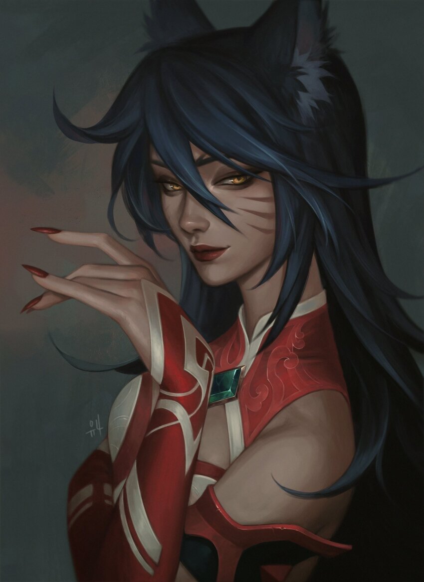 1girl ahri_(league_of_legends) animal_ears black_hair closed_mouth facial_mark fingernails fox_ears fox_girl gradient_background hair_between_eyes highres kgynh league_of_legends looking_at_viewer nail_polish red_nails sharp_fingernails sidelocks simple_background solo upper_body whisker_markings yellow_eyes