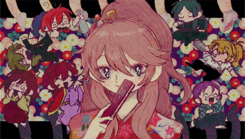 2girls 5boys @_@ ^_^ ayazuki_mei black_footwear black_jacket black_pants black_sleeves blonde_hair blue_hakama blue_kimono blue_sleeves blush_stickers bottle bow brown_hair character_request chibi choko_(cup) closed_eyes closed_mouth collared_shirt crossed_legs cup drinking eyelashes fan_to_mouth fingernails floral_background floral_print folded_fan folding_fan furrowed_brow glasses green_footwear green_hair green_pants hair_bow hair_ornament hair_over_shoulder hairpin hakama hakama_skirt hand_fan hand_on_own_chest hand_on_own_leg hands_on_own_face highres holding holding_bottle holding_cup holding_fan jacket jacket_on_shoulders japanese_clothes kimono light_blush long_hair long_sleeves looking_at_viewer low_ponytail lying medium_hair meiji_tokyo_renka multiple_boys multiple_girls music on_back on_one_knee on_stomach open_mouth outstretched_arm outstretched_arms pants pink_eyes pink_lips plaid_clothes plaid_kimono plaid_sleeves ponytail purple_footwear purple_hair purple_kimono red_bow red_hair red_hakama red_jacket red_kimono round_eyewear sandals shirt shoes short_hair short_kimono short_sleeves sidelocks singing sitting skirt smile socks straight_hair sugi_haeru upper_body v-shaped_eyebrows wavy_mouth white_shirt white_sleeves white_socks wide_sleeves wine_bottle yellow_kimono yellow_sleeves yukata zouri
