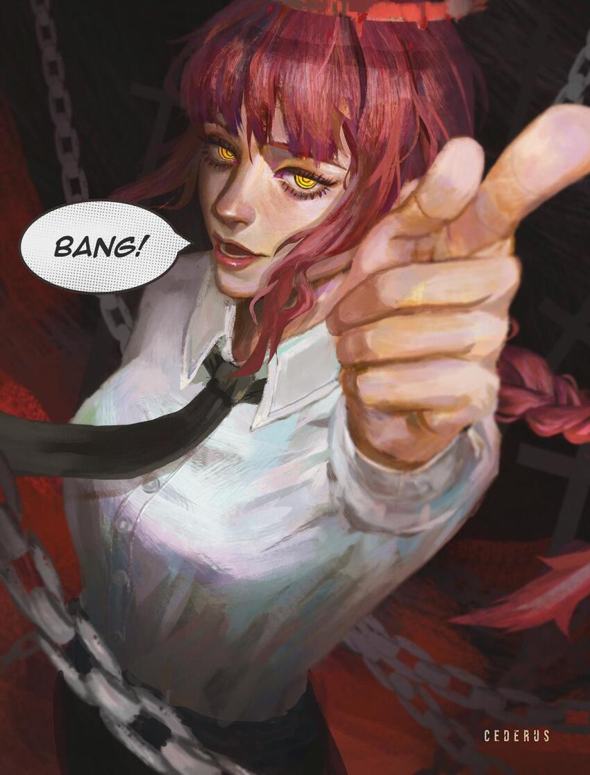 1girl artist_name bang_(gesture) black_necktie black_pants braid braided_ponytail cederus chain chainsaw_man collared_shirt finger_gun halo highres looking_at_viewer makima_(chainsaw_man) medium_hair necktie open_mouth pants pointing pointing_at_viewer red_halo ringed_eyes shirt shirt_tucked_in sidelocks smile solo speech_bubble white_shirt yellow_eyes