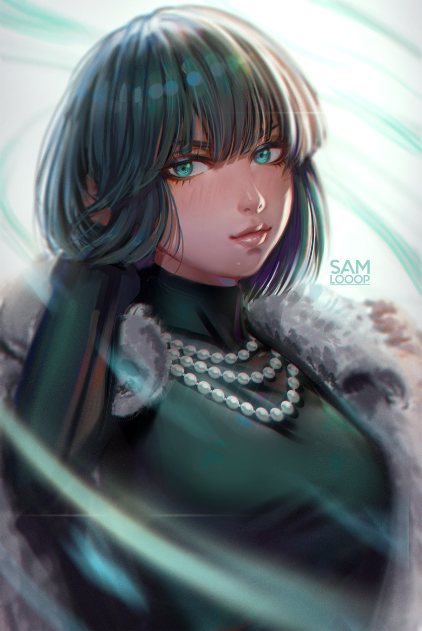 1girl dark_green_hair dress fubuki_(one-punch_man) green_eyes green_hair highres lips medium_hair one-punch_man portrait samlooop short_hair smirk solo
