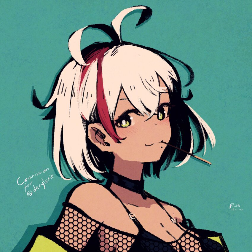 1girl absurdres antenna_hair aqua_background black_bra bra breasts bright_pupils cleavage colored_inner_hair commentary commission commissioner_name dark-skinned_female dark_skin dated english_commentary fishnet_top fishnets food food_in_mouth green_eyes highres large_breasts mole mole_under_mouth multicolored_hair original pocky pocky_in_mouth portrait rnna short_hair signature simple_background solo streaked_hair underwear white_hair